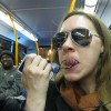 69 Bored on the nightbus, I was trying to photographically represent the concept of auditory orgasms (what happens everytime somebody listens to music, I contend). The guy behind me obviously found it rather amusing. April 22 2009.
